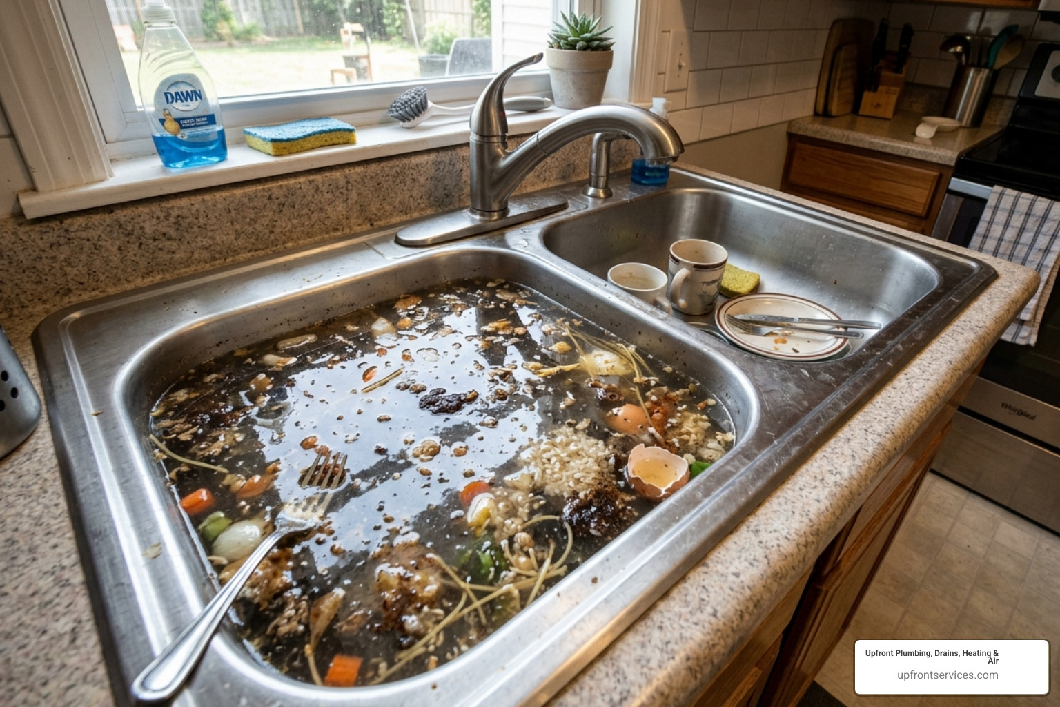 a clogged kitchen sink with standing water and debris - drain cleaning a clogged kitchen sink with standing water and debris - drain cleaning