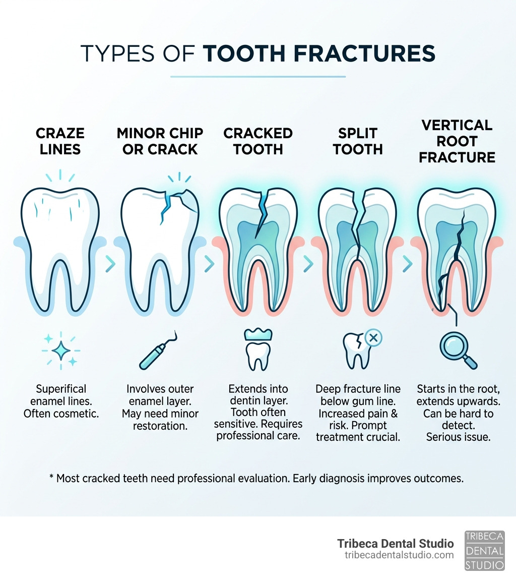 Types of tooth fractures from craze lines to vertical root fractures infographic - cracked tooth repair near me infographic 
