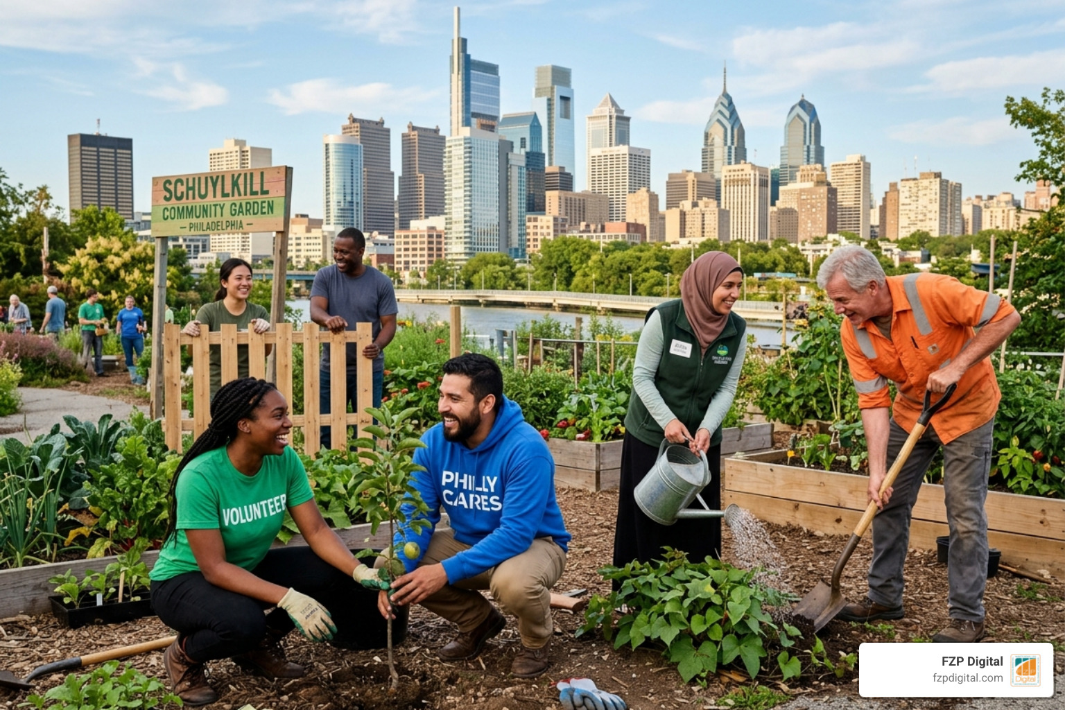 A diverse and happy group of volunteers working together in Philadelphia, smiling and engaged in community service A diverse and happy group of volunteers working together in Philadelphia, smiling and engaged in community service
