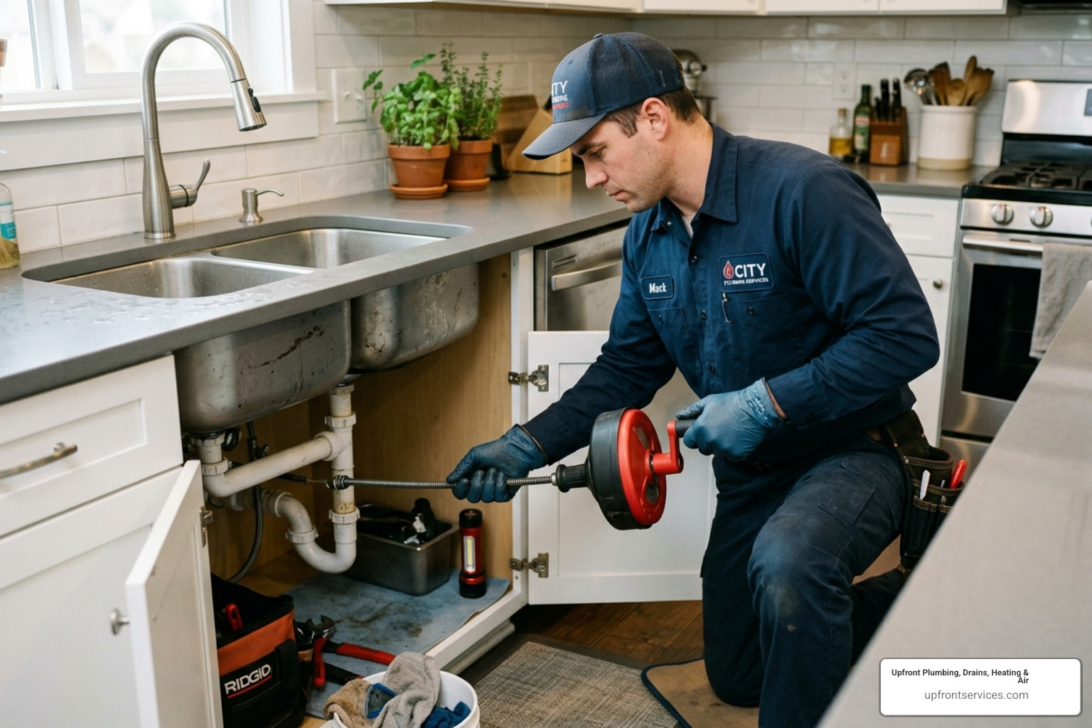 a technician performing drain cleaning - plumbing repair services