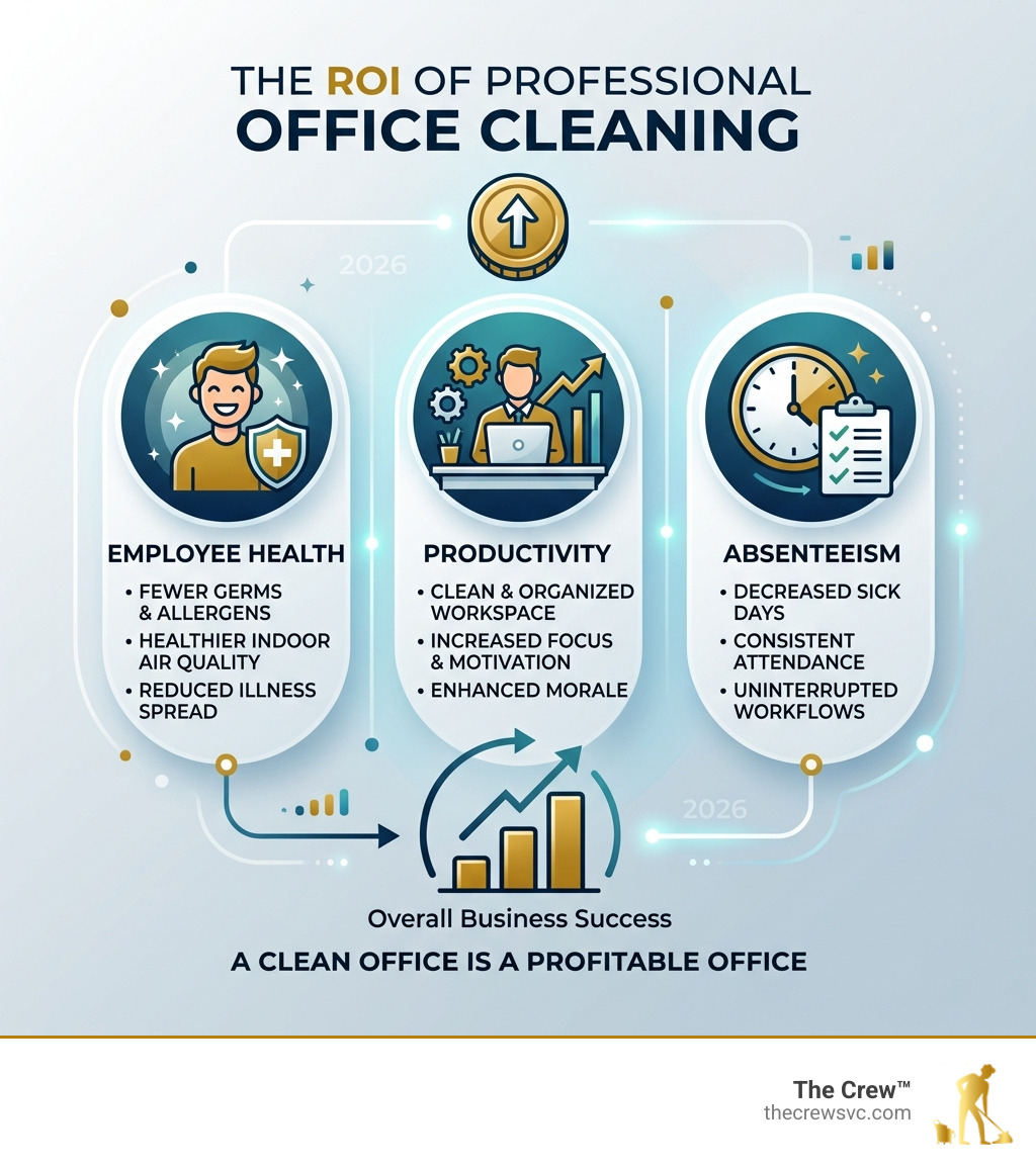 Infographic showing ROI of professional office cleaning on employee health, productivity, and absenteeism - professional