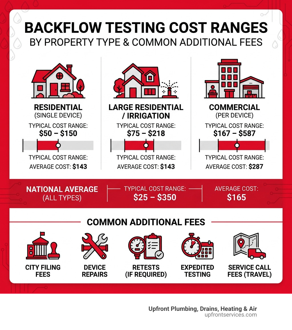 Infographic showing backflow testing cost ranges by property type and common additional fees - backflow prevention testing Infographic showing backflow testing cost ranges by property type and common additional fees - backflow prevention testing