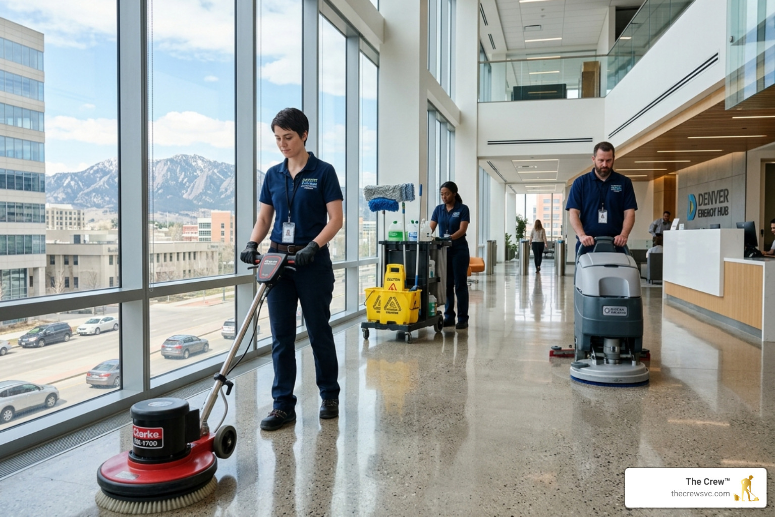 Professional janitorial team performing high-quality floor maintenance and polishing - professional office janitors denver