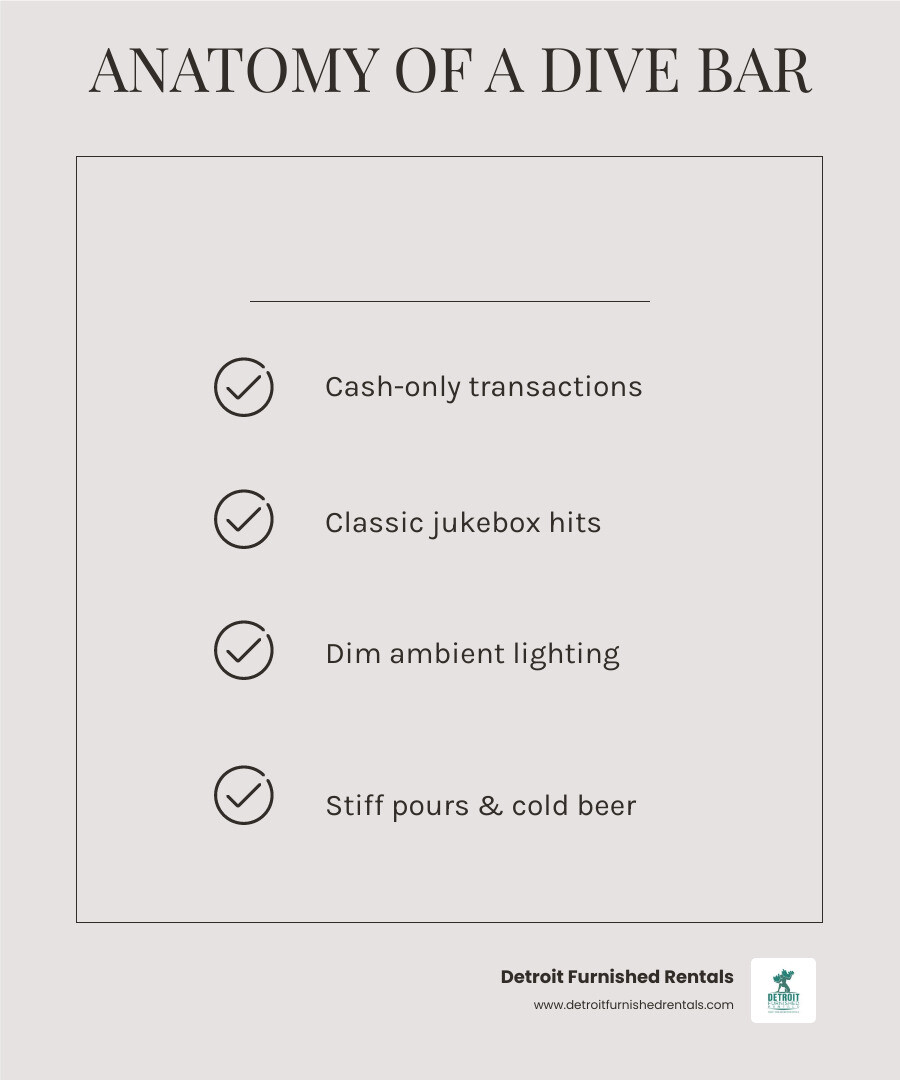 Anatomy of a Detroit Dive Bar infographic: key features including cash-only, jukebox, dim lighting, stiff pours, and local