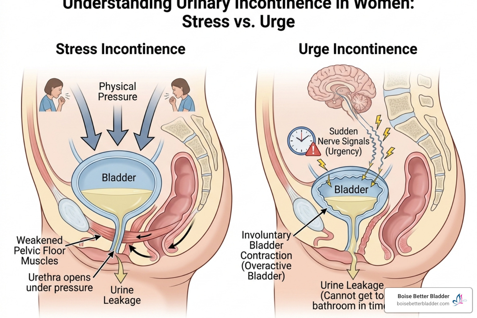 Illustration showing the difference between physical pressure on the bladder versus sudden urgency signals - Menopause