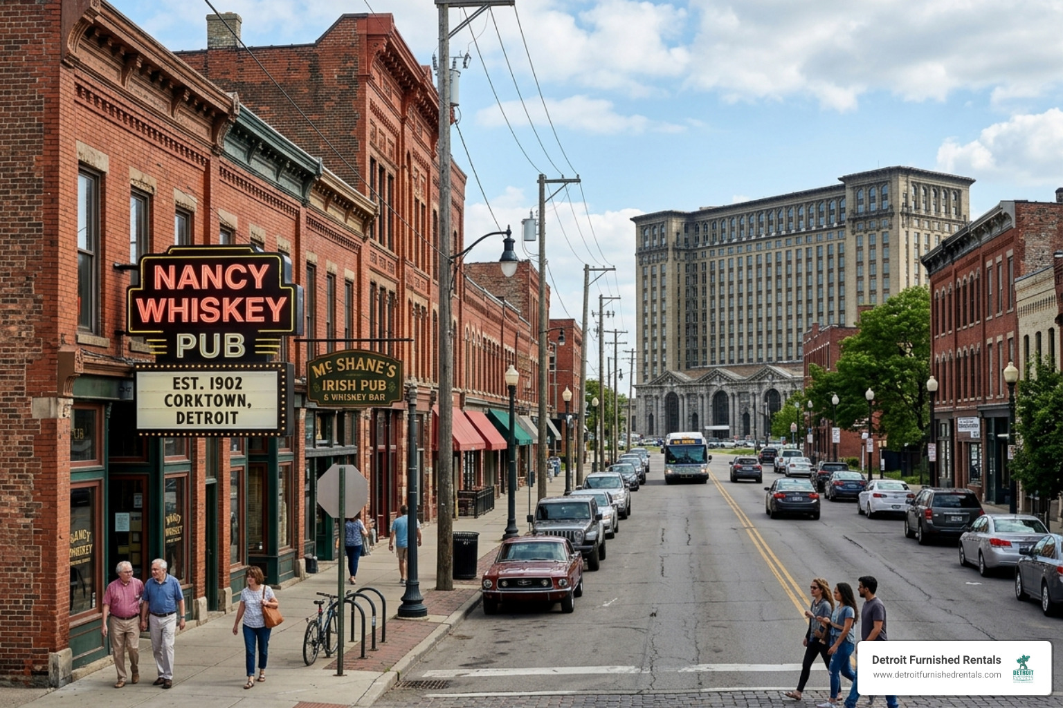 The historic Michigan Avenue in Corktown with classic brick buildings and neon signs - Detroit dive bars
