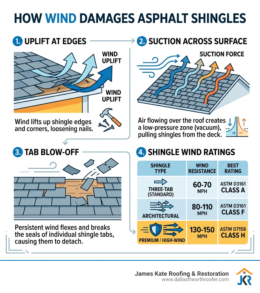 Infographic showing how wind damages asphalt shingles: uplift at edges, suction across surface, tab blow-off, and shingle Infographic showing how wind damages asphalt shingles: uplift at edges, suction across surface, tab blow-off, and shingle