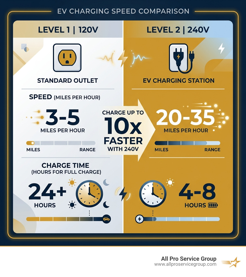Infographic comparing Level 1 120V vs Level 2 240V EV charging speeds miles per hour and charge time - 240 volt charger