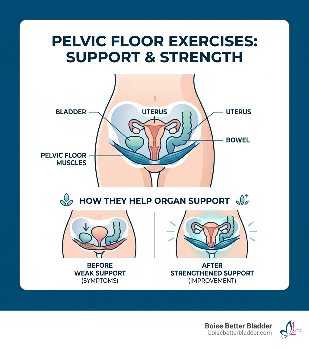 Infographic showing pelvic organ support and how pelvic floor exercises for women help bladder, uterus, and bowel - pelvic