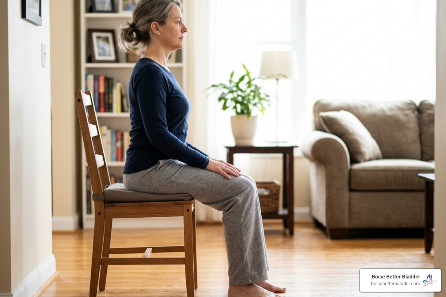 Woman sitting tall on a chair with feet flat, demonstrating correct posture for pelvic floor exercises - pelvic floor