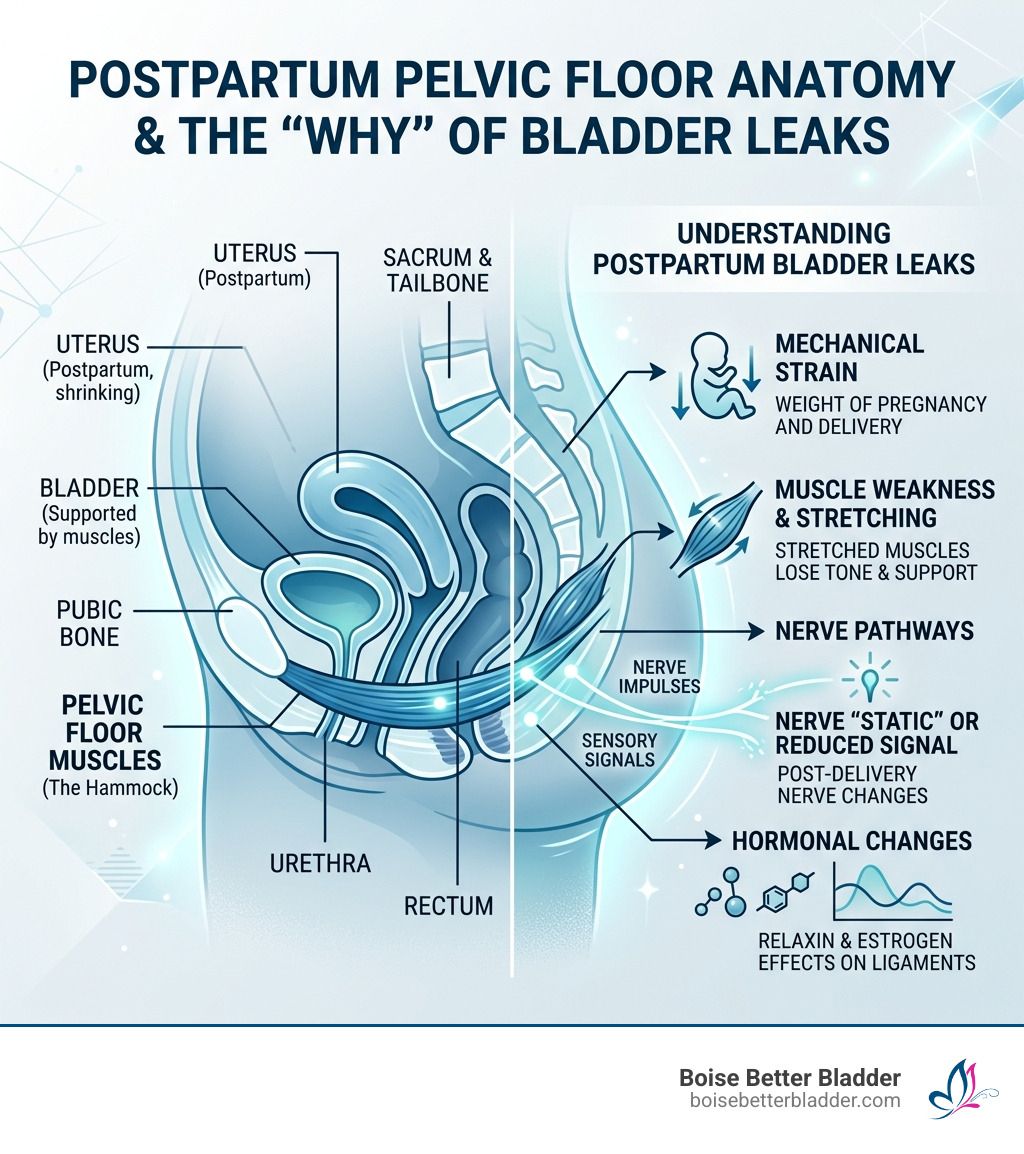 Postpartum pelvic floor anatomy infographic showing bladder, pelvic muscles, uterus, and nerve pathways - Postpartum Postpartum pelvic floor anatomy infographic showing bladder, pelvic muscles, uterus, and nerve pathways - Postpartum