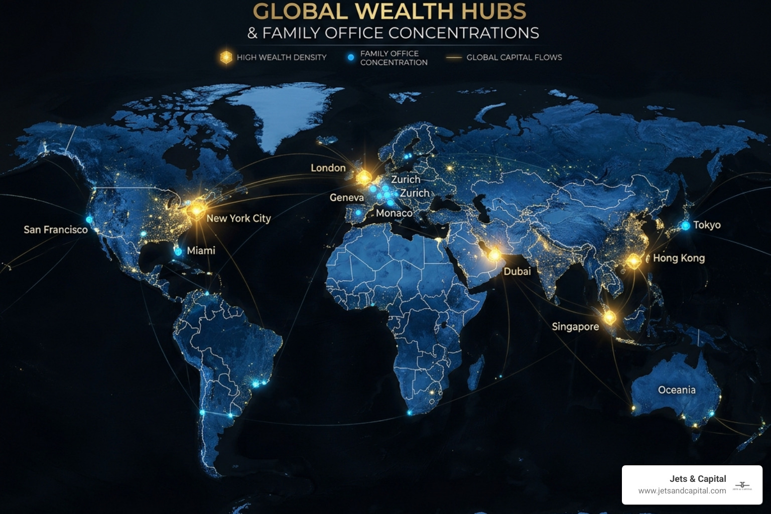 Digital map showing global wealth hubs and family office concentrations - family office growth