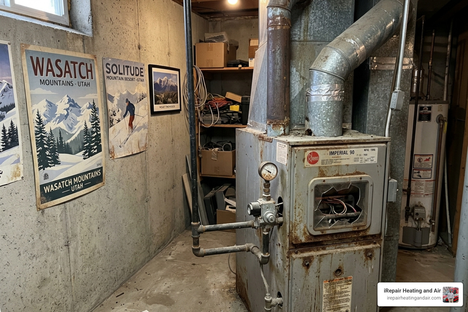 An aging furnace unit showing signs of wear and tear in a Salt Lake City basement - furnace replacement salt lake city