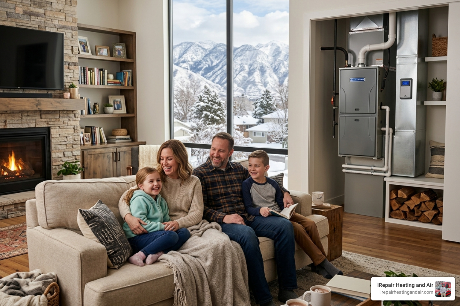 A happy Salt Lake City family enjoying a warm, comfortable living room after a furnace replacement - furnace replacement