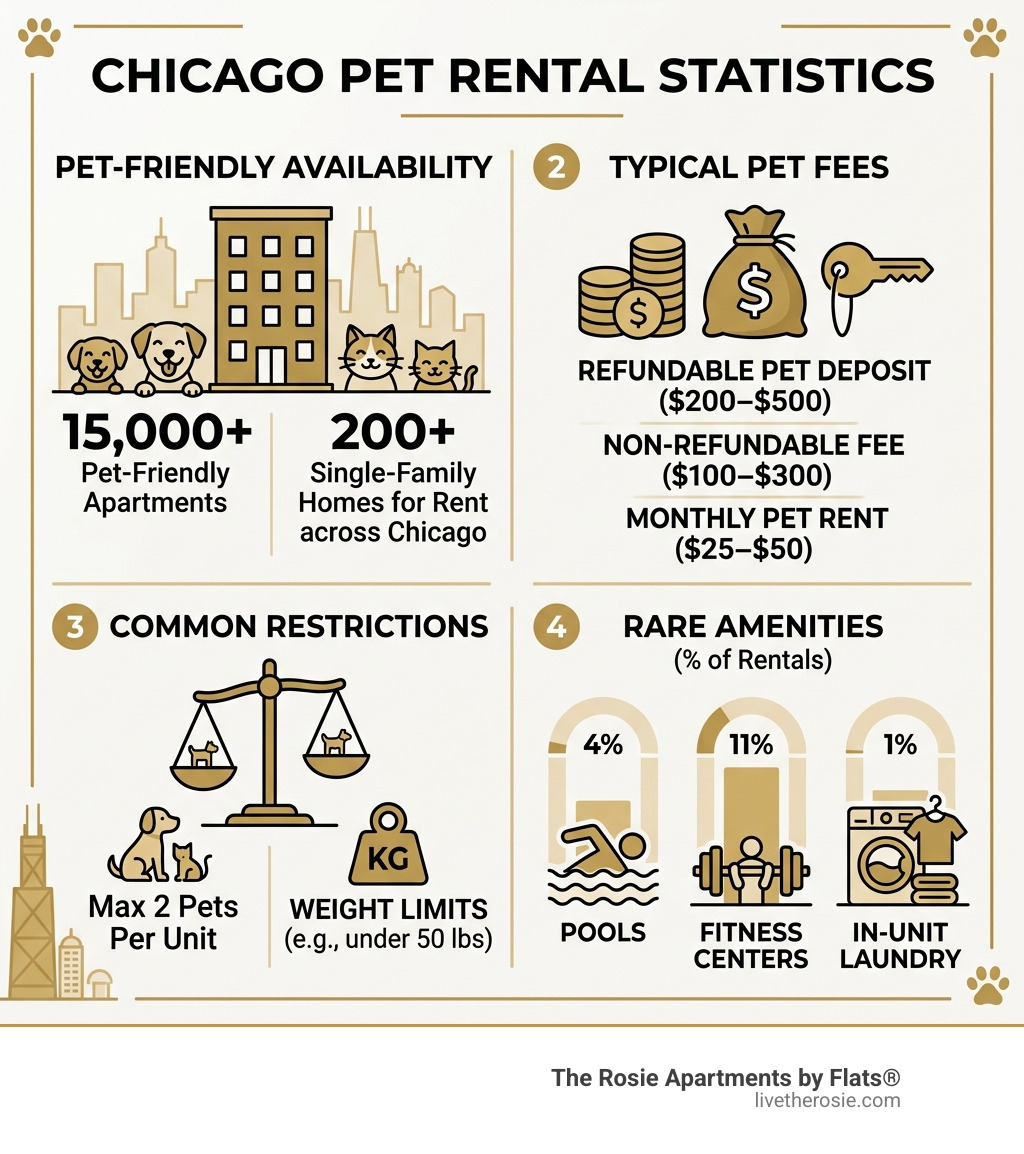 Chicago pet rental statistics infographic: availability, typical fees, amenity rarity, and weight limits - pet-friendly Chicago pet rental statistics infographic: availability, typical fees, amenity rarity, and weight limits - pet-friendly