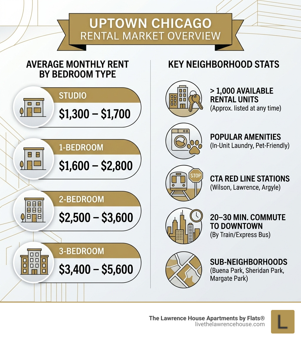 Uptown Chicago rental market overview infographic with rent by bedroom type and key neighborhood stats - apartments for rent