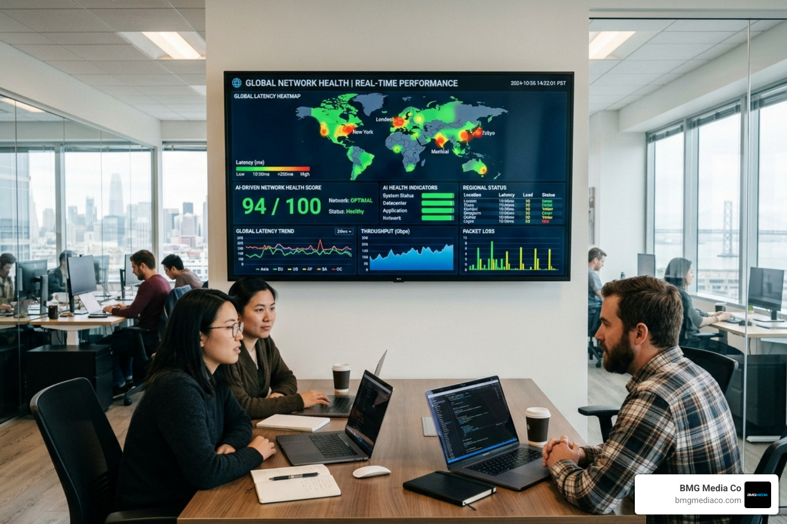 Real-time network performance dashboard showing global latency and AI-driven health scores - thousand sites web experts Real-time network performance dashboard showing global latency and AI-driven health scores - thousand sites web experts
