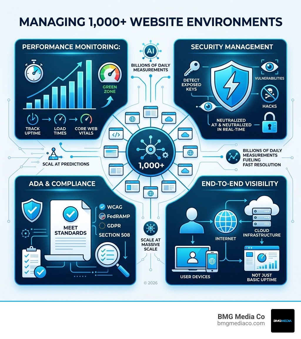 Ecosystem infographic: managing 1,000+ website environments including monitoring, security, compliance, and performance Ecosystem infographic: managing 1,000+ website environments including monitoring, security, compliance, and performance