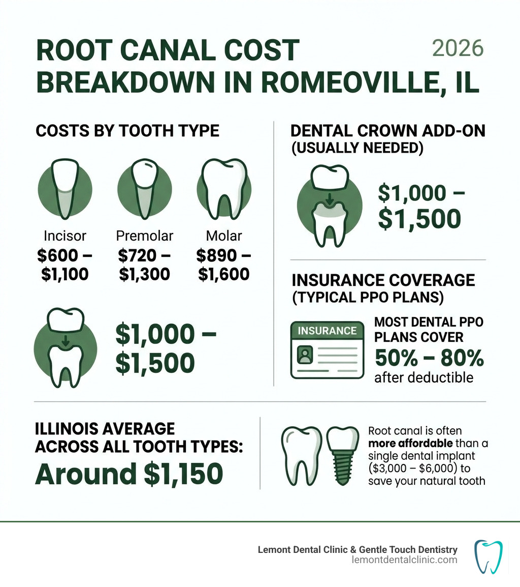 Root canal cost Romeoville breakdown infographic showing costs by tooth type, crown add-on, and insurance coverage - root