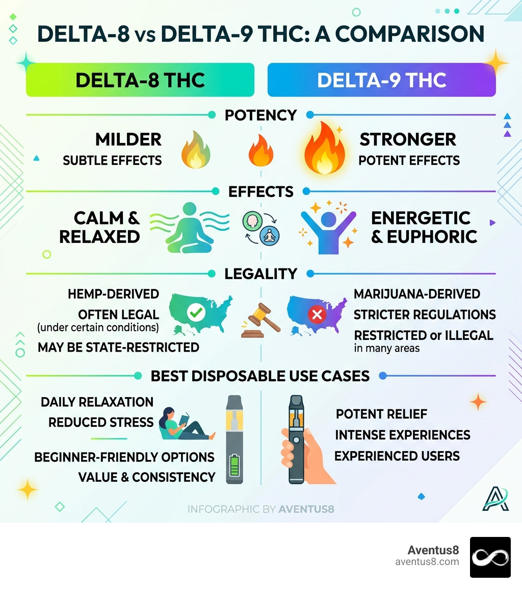 Infographic comparing Delta 8 vs Delta 9 THC effects potency legality and best disposable use cases - Best disposable Delta Infographic comparing Delta 8 vs Delta 9 THC effects potency legality and best disposable use cases - Best disposable Delta
