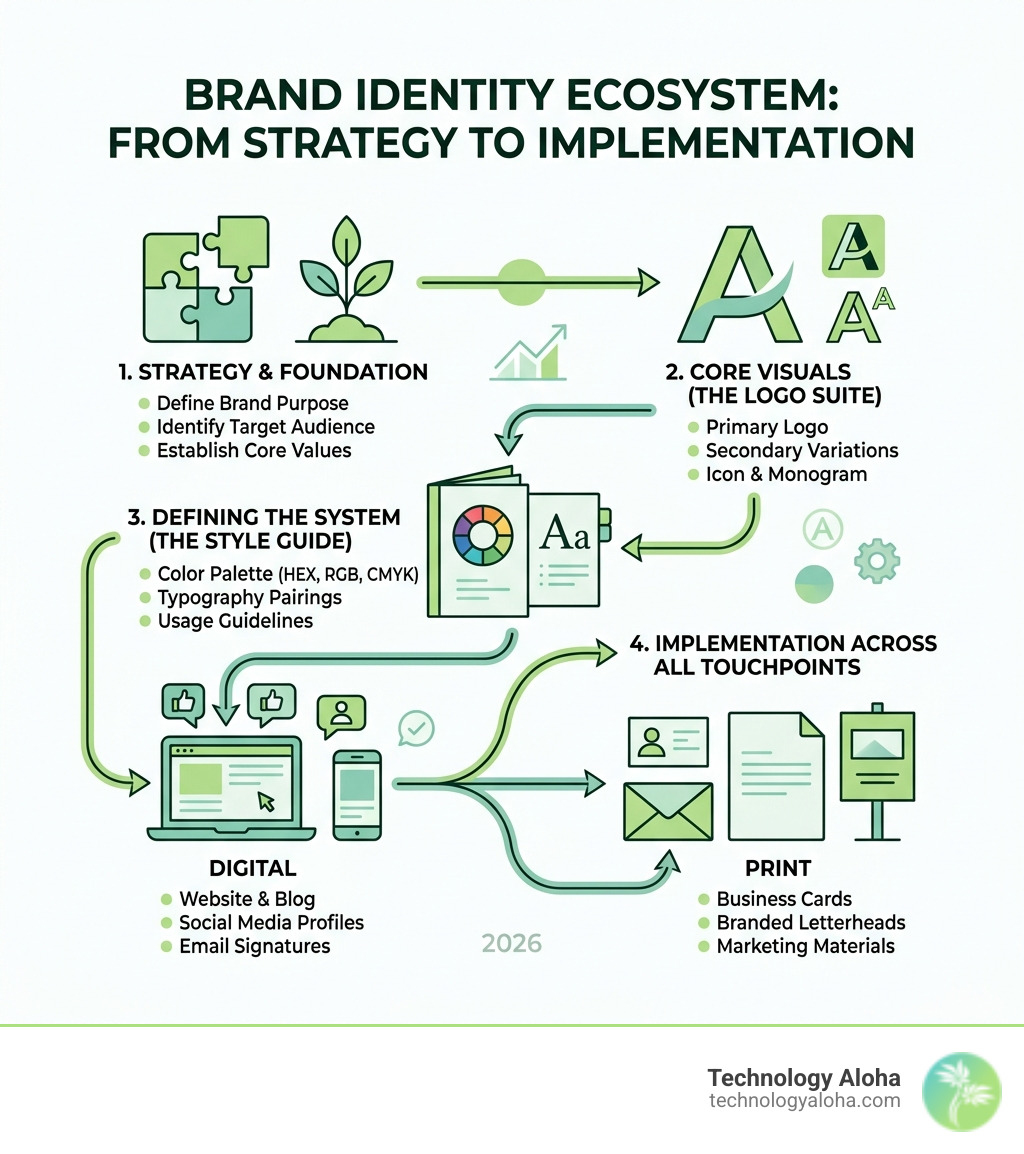 Brand identity ecosystem from strategy to logo, style guide, and digital and print implementation - branding package for