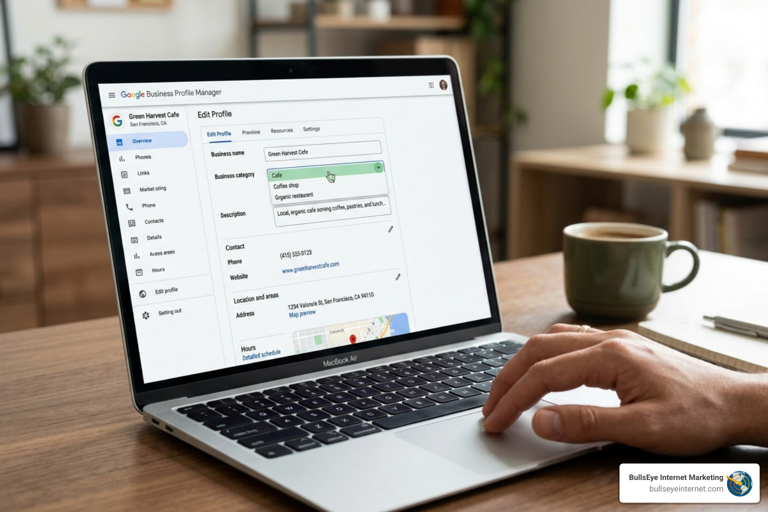 Person editing a Google Business Profile for "Green Harvest Cafe," showcasing business category selection and description on a laptop, with a coffee cup in the background.