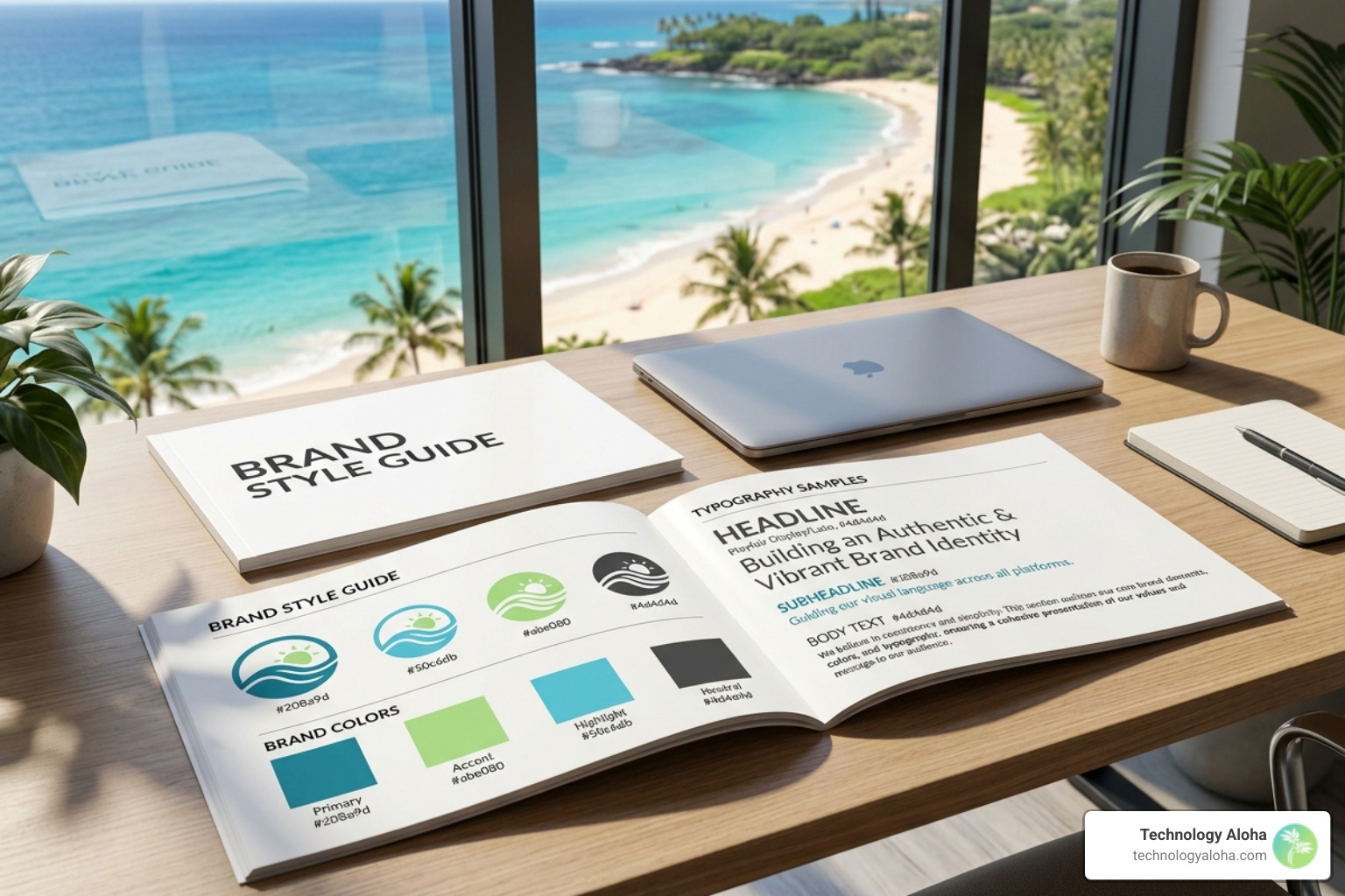 Professional brand style guide showing logo variations, color swatches, and typography - branding package for small