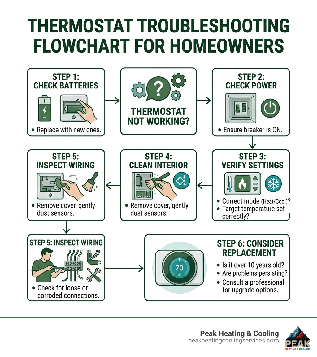 Thermostat repair troubleshooting flowchart for homeowners - from battery check to wiring inspection to replacement