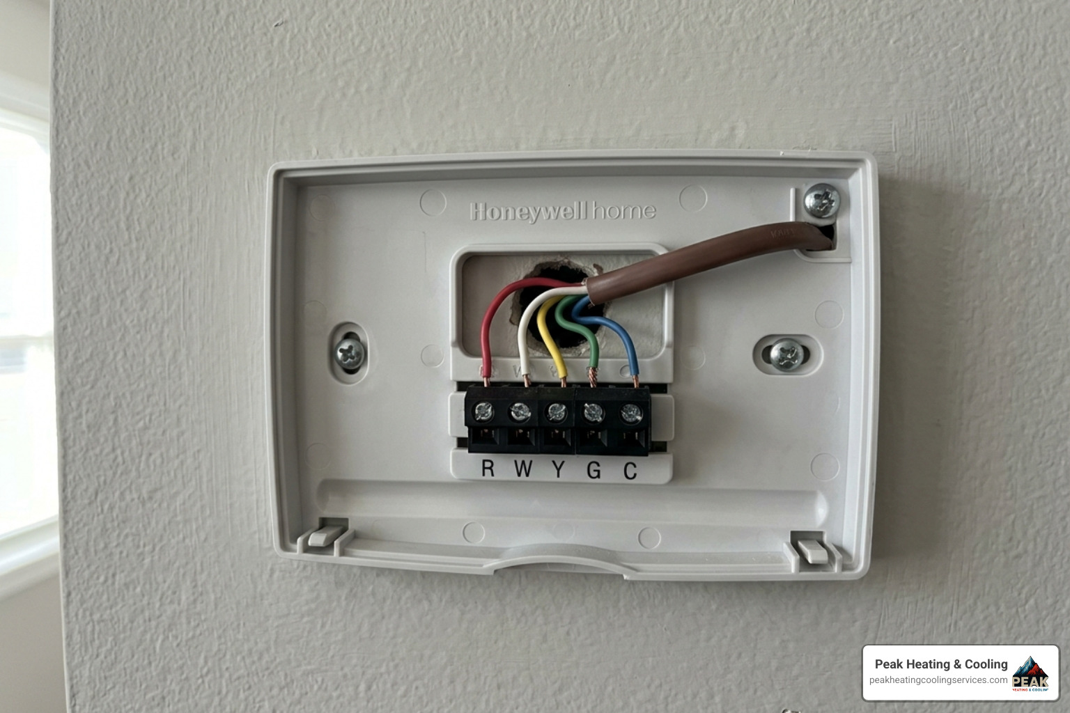 Close-up of a thermostat base plate showing colored wiring connections and terminal screws - thermostat repair