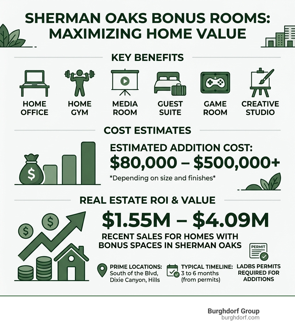 Infographic showing bonus room benefits, costs, and ROI for Sherman Oaks real estate - Bonus room Sherman Oaks infographic Infographic showing bonus room benefits, costs, and ROI for Sherman Oaks real estate - Bonus room Sherman Oaks infographic