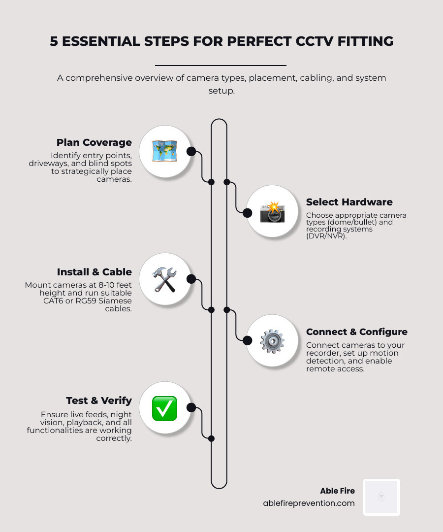 Step-by-step CCTV camera fitting infographic: camera types, heights, cable options, and system setup overview - cctv camera