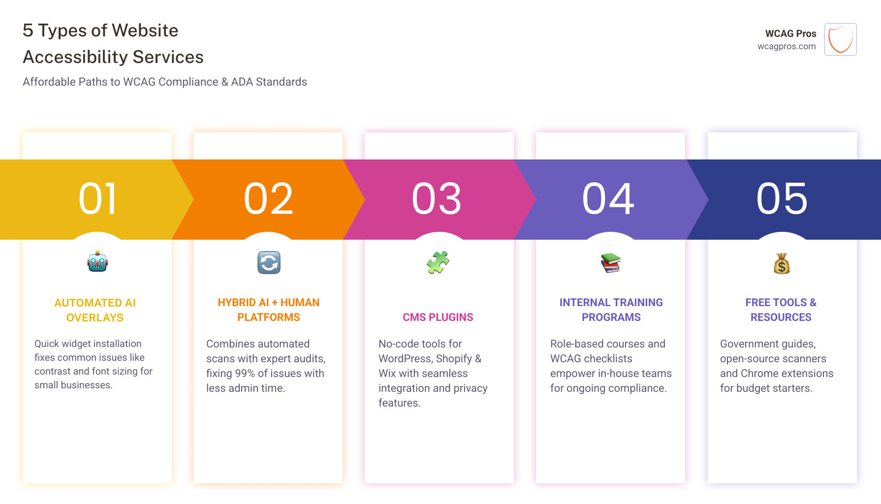 Infographic showing 5 types of website accessibility services from free tools to enterprise platforms - website Infographic showing 5 types of website accessibility services from free tools to enterprise platforms - website