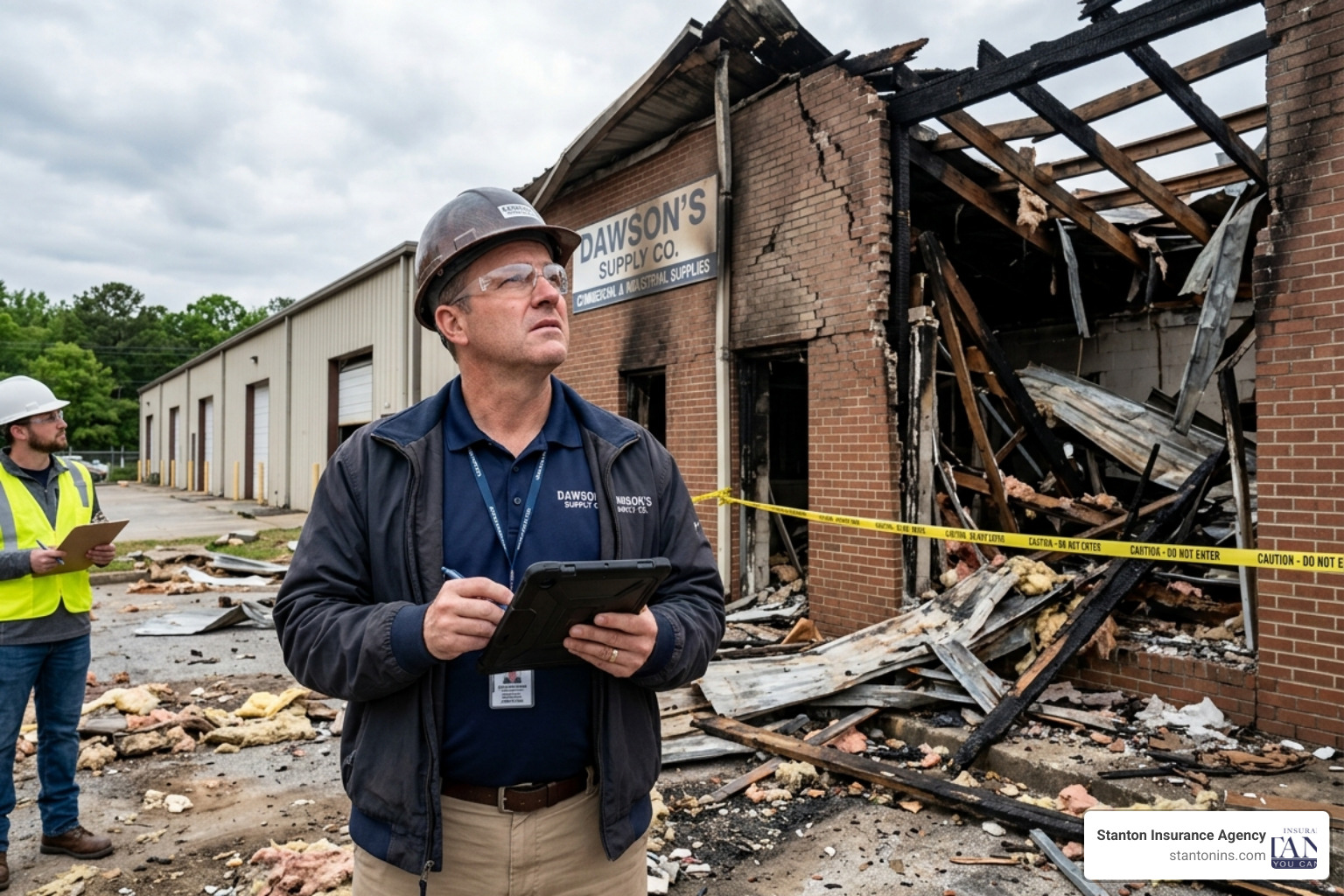 business owner inspecting property damage - what is commercial insurance
