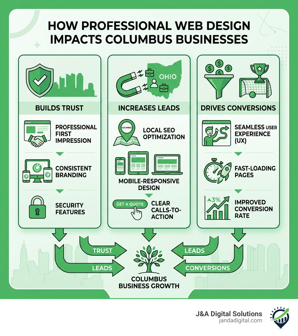 Infographic showing how professional web design impacts trust, leads, and conversions for Columbus businesses - Professional