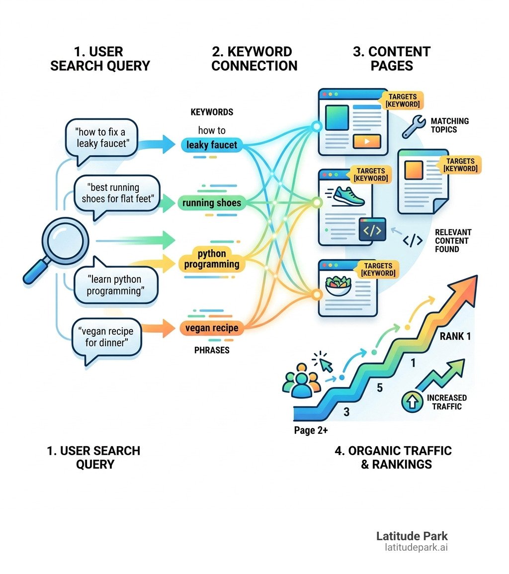 infographic showing how keywords connect search queries to content and drive organic traffic rankings - keywords and seo