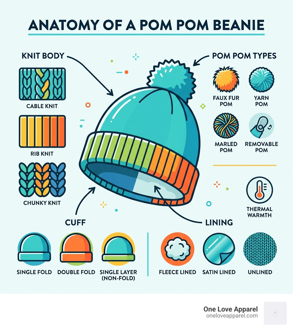 Anatomy of a pom pom beanie showing knit body, cuff, pom pom types, and lining - womens beanie with pom infographic Anatomy of a pom pom beanie showing knit body, cuff, pom pom types, and lining - womens beanie with pom infographic