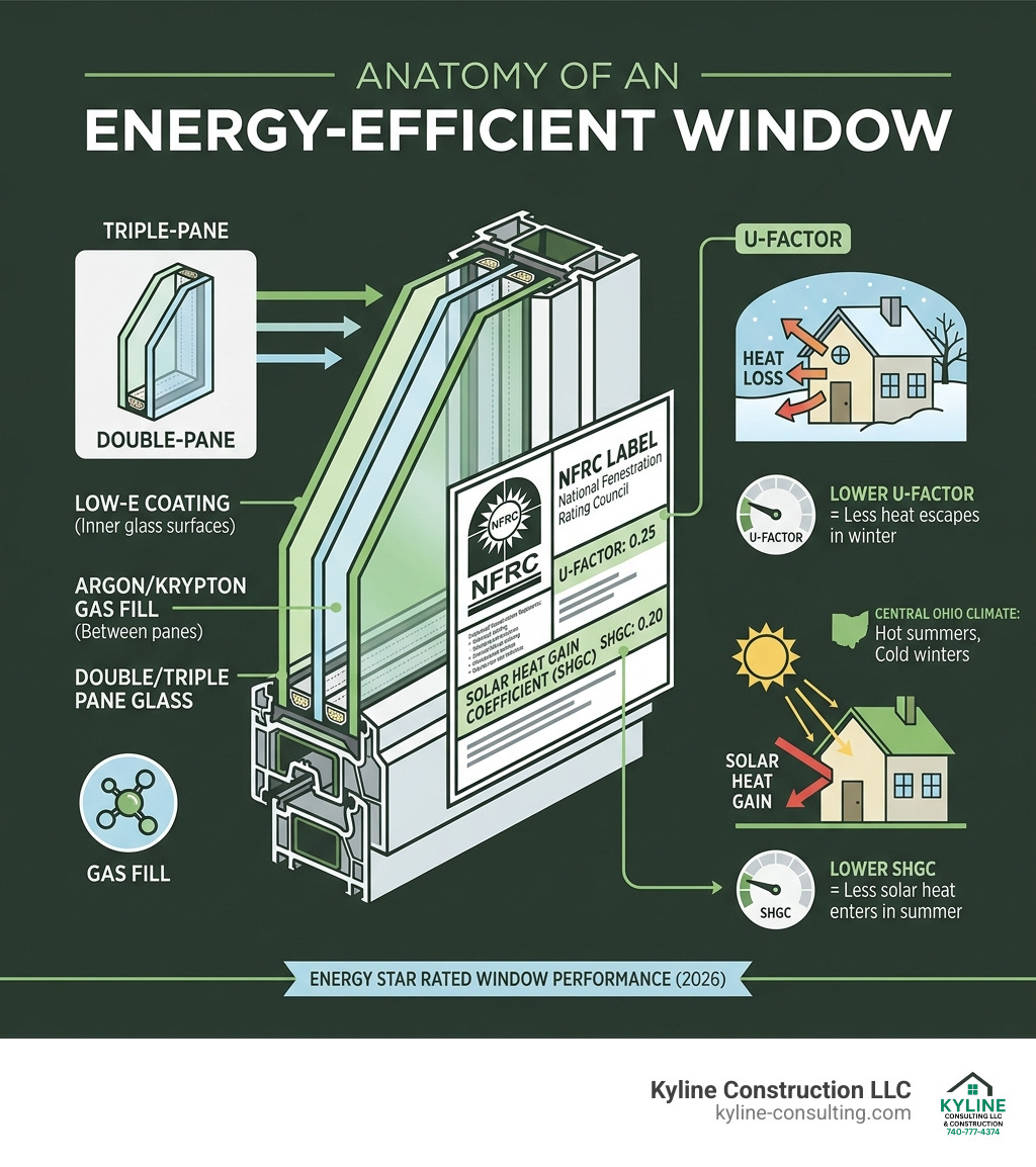 Infographic showing anatomy of an energy-efficient window: double/triple pane, low-e coating, gas fill, NFRC label, U-factor