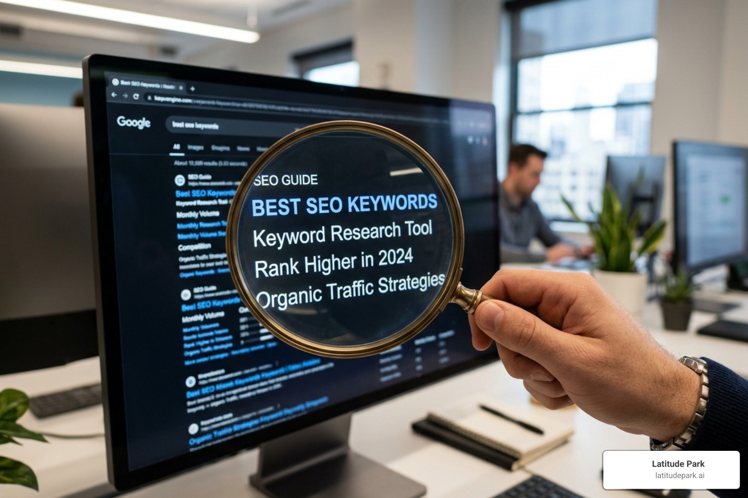 magnifying glass focusing on digital text and search queries - keywords and seo