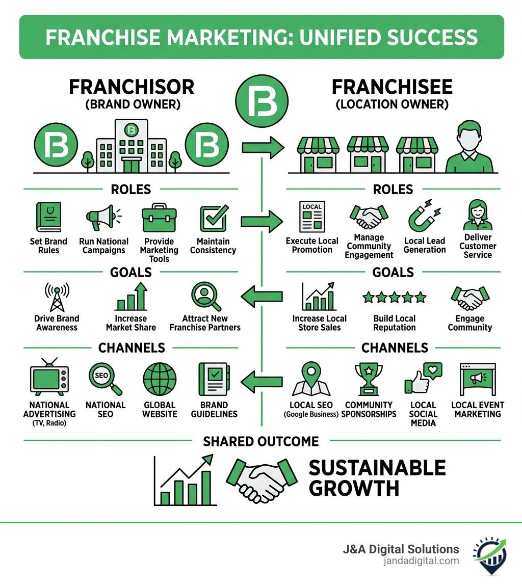 Infographic showing the franchisor-franchisee relationship in franchise marketing, with roles, goals, and channels