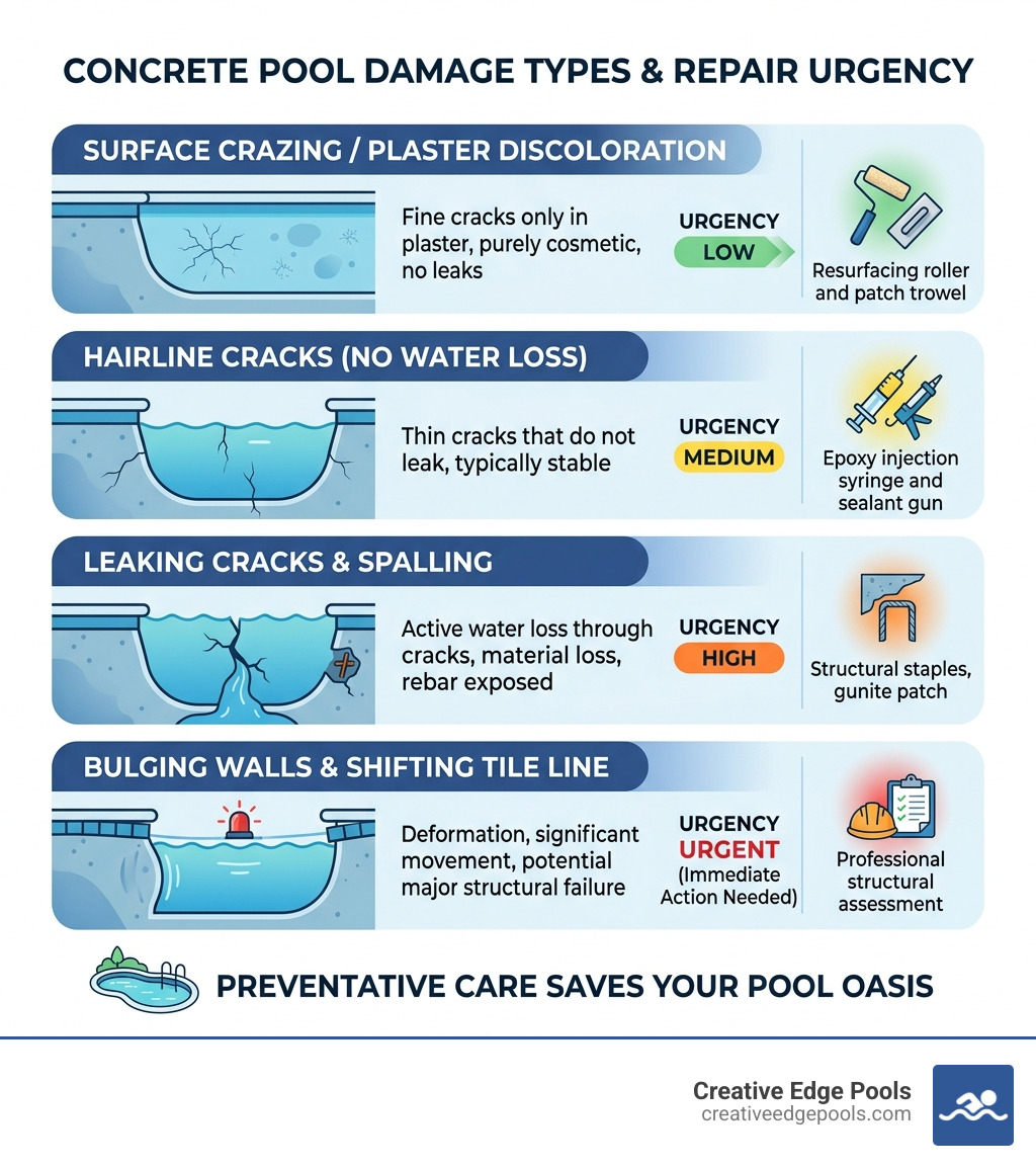 Infographic showing concrete pool damage types from surface crazing to structural cracks with repair urgency levels Infographic showing concrete pool damage types from surface crazing to structural cracks with repair urgency levels