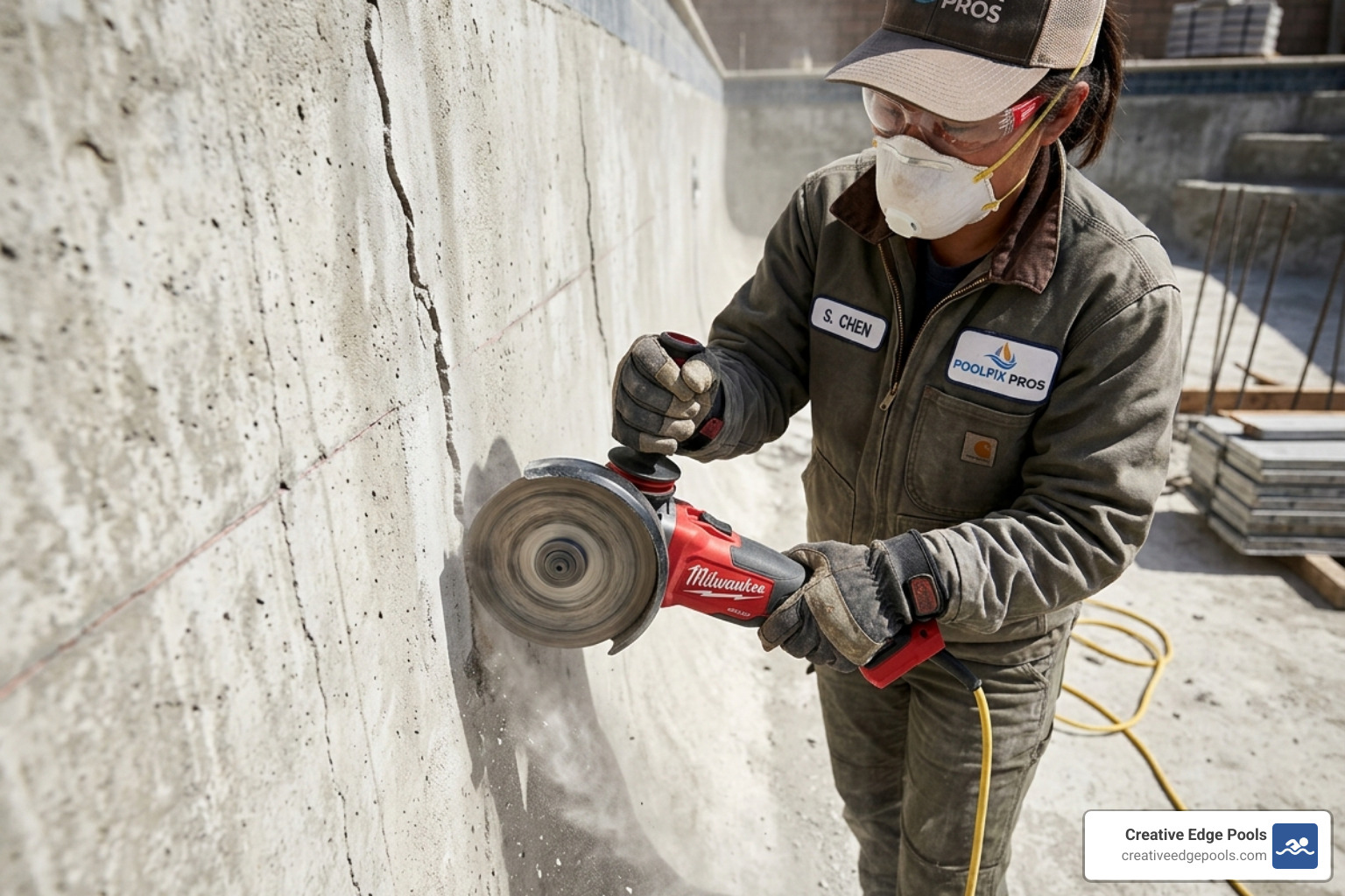 Technician grinding a U-channel into a pool crack - concrete swimming pool repair Technician grinding a U-channel into a pool crack - concrete swimming pool repair