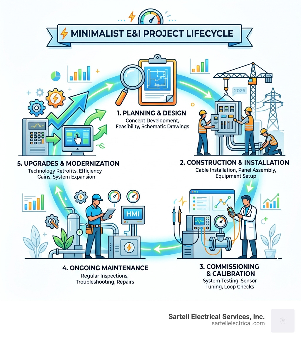 E&I project lifecycle infographic from planning to installation calibration maintenance and upgrades - electrical and E&I project lifecycle infographic from planning to installation calibration maintenance and upgrades - electrical and