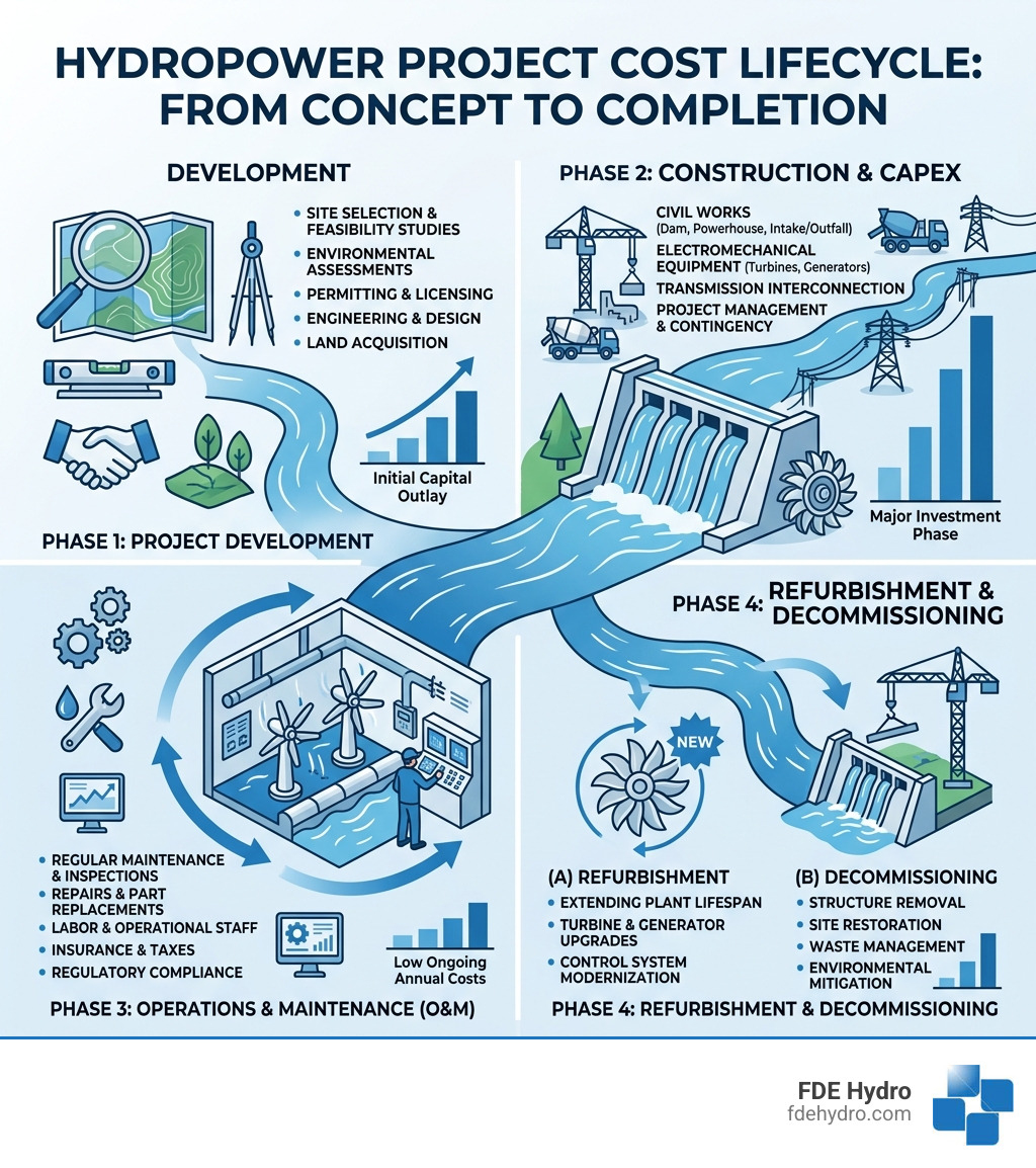 Hydropower cost lifecycle infographic from development through construction, operations, and decommissioning - cost of a