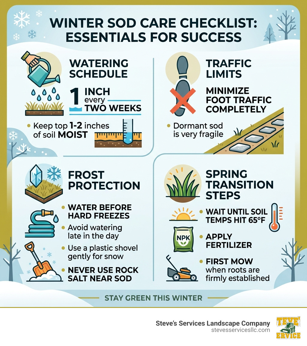 Winter sod care checklist infographic showing watering schedule, traffic limits, frost protection, and spring transition Winter sod care checklist infographic showing watering schedule, traffic limits, frost protection, and spring transition