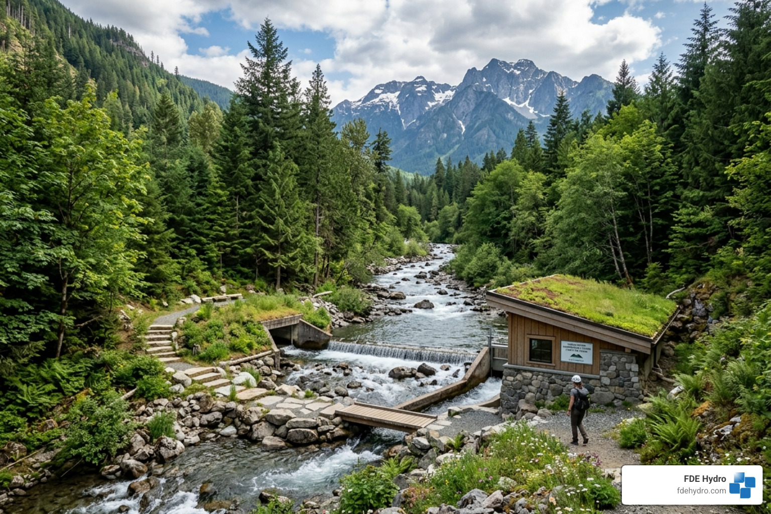 A small-scale run-of-river facility blending into the natural landscape - cost of a hydroelectric power plant