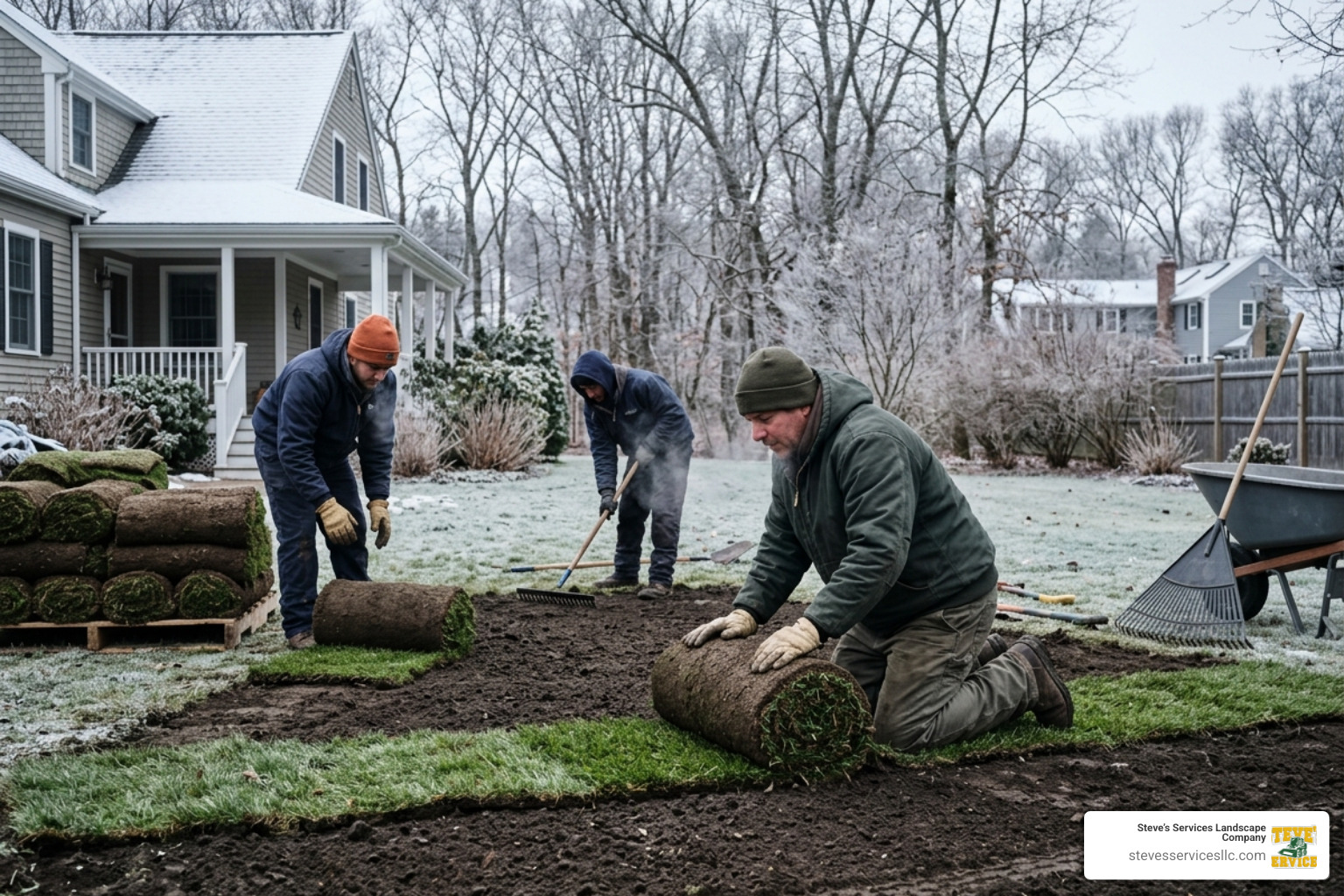 Professional landscapers laying sod in cold weather - how to care for new sod in winter Professional landscapers laying sod in cold weather - how to care for new sod in winter