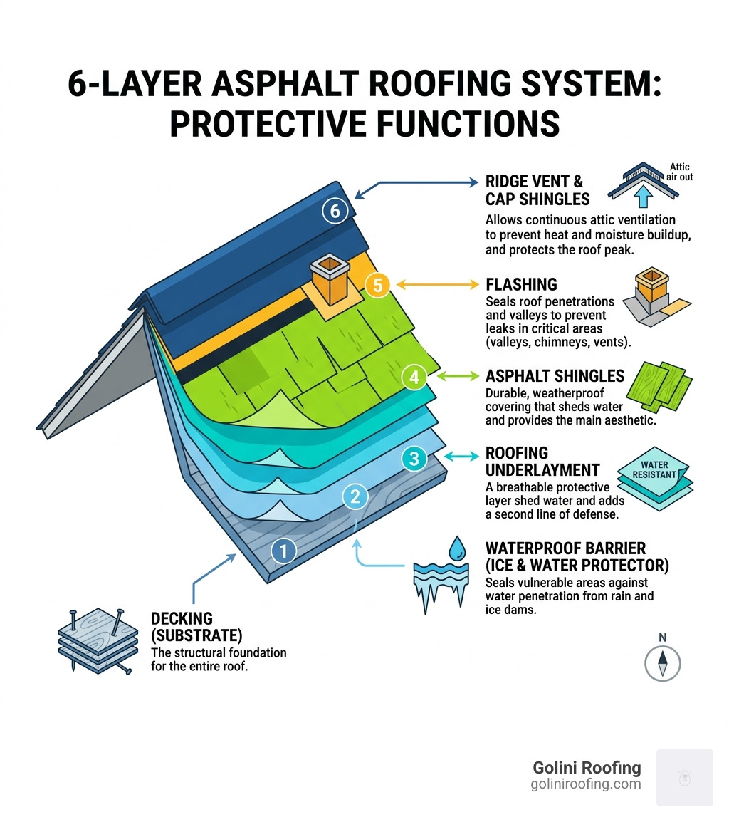 Infographic showing 6-layer asphalt roofing system components and their protective functions - roofing beverly ma Infographic showing 6-layer asphalt roofing system components and their protective functions - roofing beverly ma