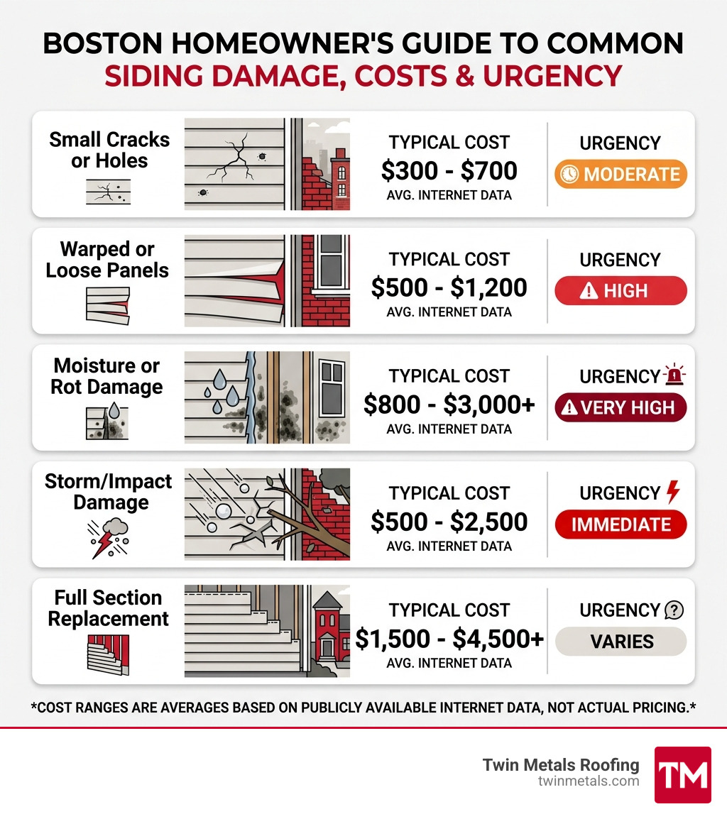 Infographic showing common siding damage types costs and urgency levels for Boston homeowners - Siding repair Boston