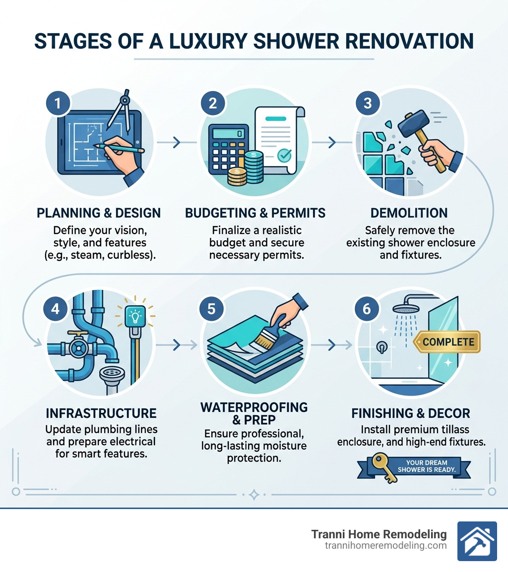 Stages of a luxury shower renovation from planning to completion infographic - luxury shower remodel infographic Stages of a luxury shower renovation from planning to completion infographic - luxury shower remodel infographic