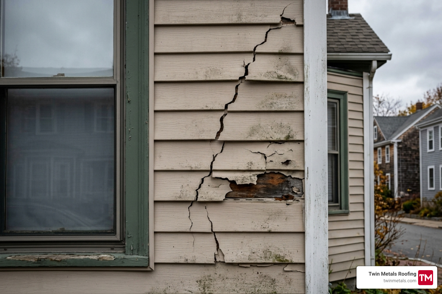 Cracked vinyl siding on a Boston residence - Siding repair Boston